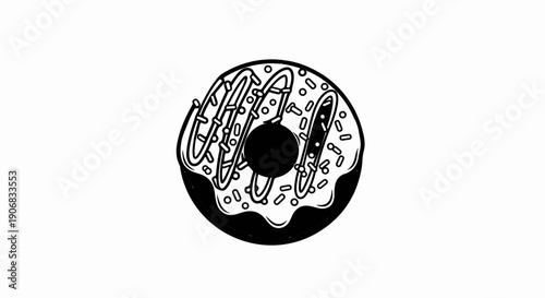 Black and white illustration of a sprinkled donut