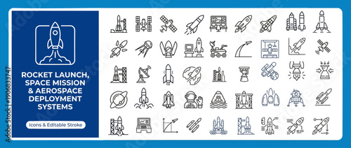 Rocket Launch and Space Exploration Outline Vector Icon Set — Editable Stroke Line Icons for Web and App UI