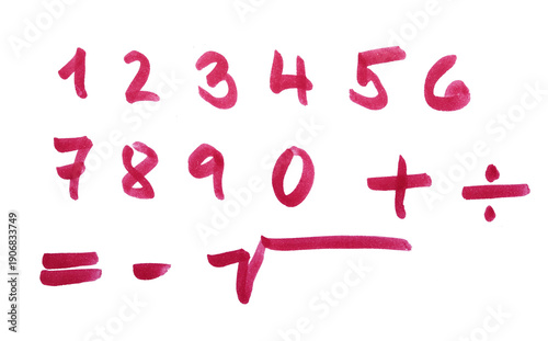 Handwritten Red Numbers and Math Symbols Collection