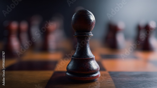 pawn. Chess pawn advanced deep into enemy territory on a wooden board, top-down view. public awareness campaigns, NGO reports, designed for public awareness campaigns and NGO communications.
