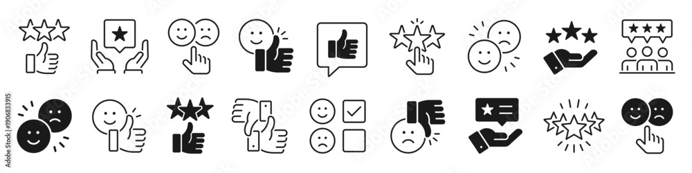 Naklejka premium Review icon set. Feedback, testimonial, rating, like, comment symbol on white background - stock vector.