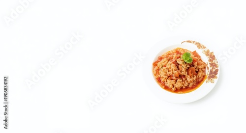 Gourmet Italian risotto with rich tomato sauce and clear copy space