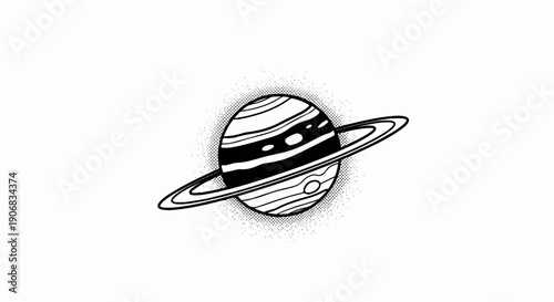 A stylized black and white drawing of a ringed planet with a dotted halo