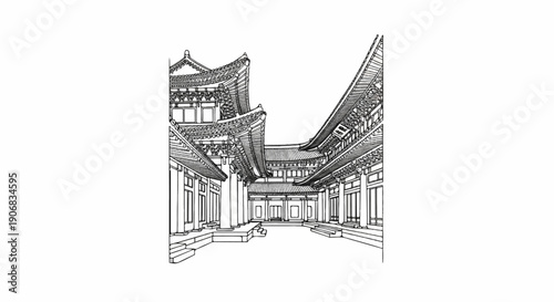 Black and white line drawing of traditional Asian courtyard architecture