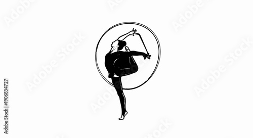 Black and white illustration of a woman in a hoop, practicing gymnastics