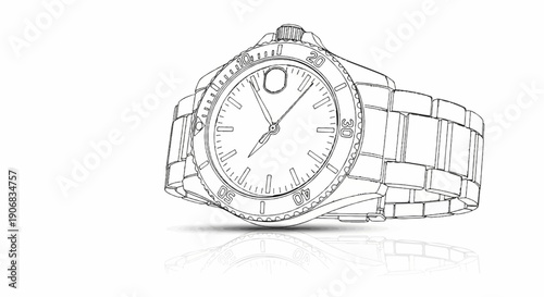 A sketch of a classic wristwatch with a metal band and a reflective surface
