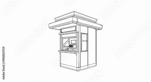 A sketch of a kiosk with a counter and display screens