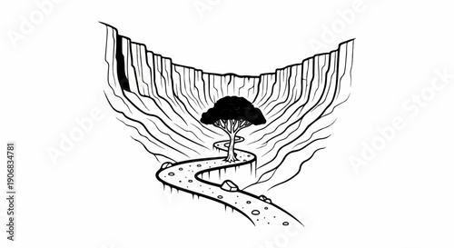 Black and white illustration of a winding path leading to a lone tree in a canyon