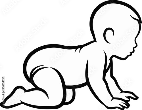 Black and white outline illustration of a baby crawling on hands and knees