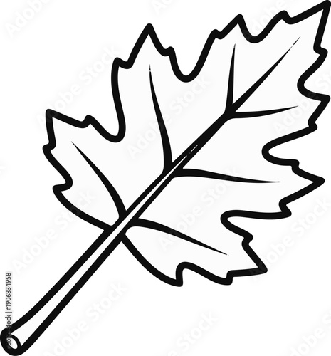 Black and white outline drawing of a single leaf with a stem