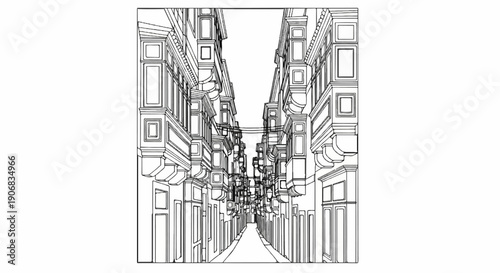 A sketch of a narrow street with ornate balconies and buildings stretching into distance