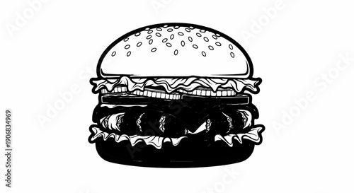 Black and white outline illustration of a stacked burger with sesame seeds