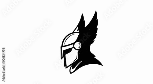 A striking black and white depiction of a winged helmet