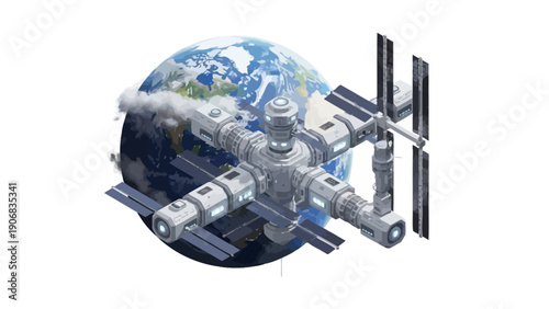 Orbiting space station above planet Earth
