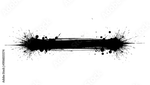 Black ink splatter brush stroke with drops on white background