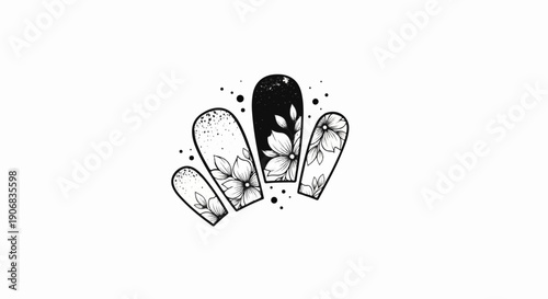 Black and white illustration of four fingernails with floral designs and dots