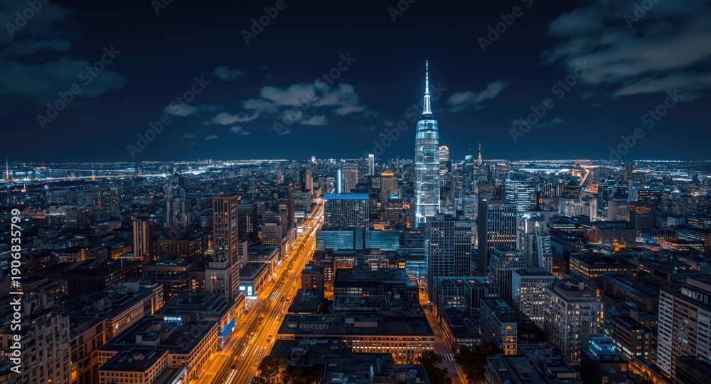 Fototapeta premium breathtaking aerial perspective of vibrant urban skyline glowing with night illumination