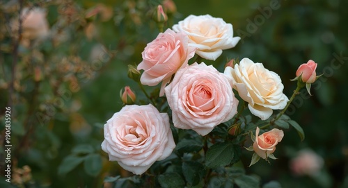 Garden roses in soft pastels displayed with grace against a subtle elegant nature scene
