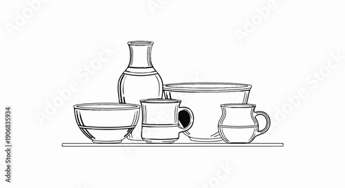A still life drawing of ceramic kitchenware arranged on a shelf