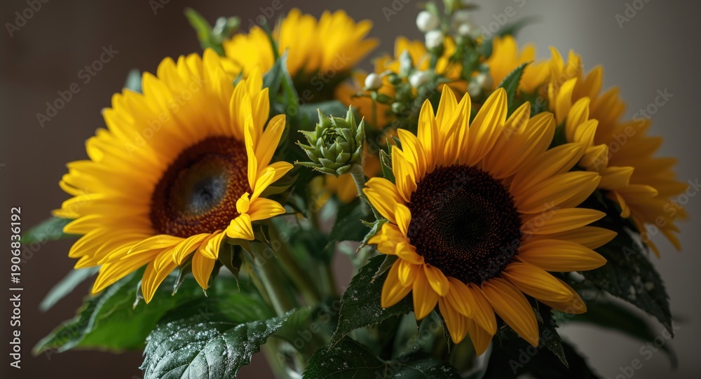 Obraz premium Joyful sunflower bouquet with fresh leafy accents for vibrant decoration