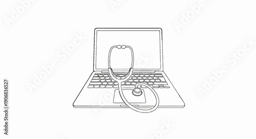 A stethoscope rests on an open laptop keyboard