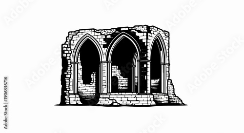 Black and white illustration of gothic arched stone ruins