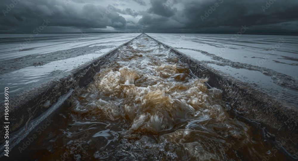 © AbstractAI - Heavy storm water contamination running through a polished concrete drain at full capacity