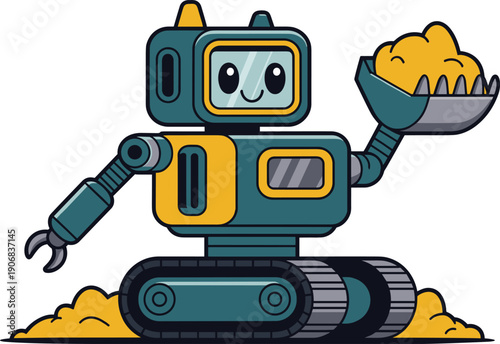 Cute Cartoon Robot Excavator Character Carrying Sand Isolated on White Background for Kids Educational Projects Technology Construction Industry Mascot Design and Children Book Illustration