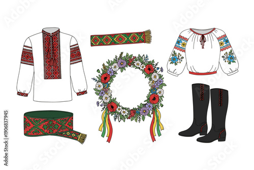Traditional Ukrainian clothing accessories and embroidered garments, including shirts, a floral wreath, boots, and sashes, showcasing rich cultural heritage.