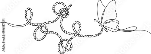 Black and white illustration of intertwined rope with a butterfly