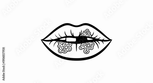 Black and white illustration of lips with blisters