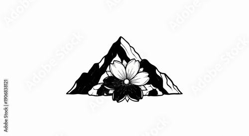 Black and white illustration of mountain peak with large flower in foreground