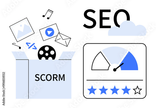 SCORM concept. SCORM content management for e-learning compatibility and SEO improvement. SCORM enhances performance tracking and learning system adaptability. For education, SEO tools, digital