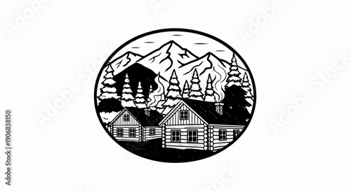 Black and white illustration of log cabins nestled among pine trees below majestic mountains