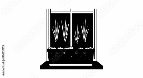Black and white illustration of onions and greenery growing in a window planter