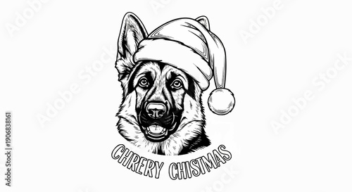 Black and white sketch of a German Shepherd wearing a Santa hat
