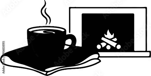 A steaming cup of coffee rests on a book next to a cozy fireplace with burning logs