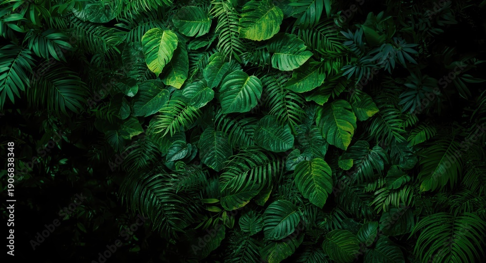 Fototapeta premium Bright green leafy texture wallpaper with dark overlay and copy space for design