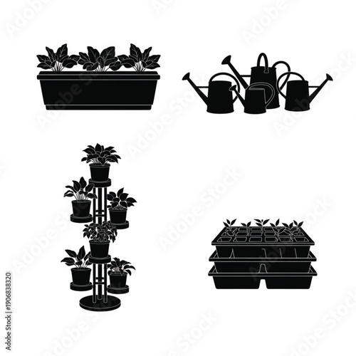 Collection of gardening tools and potted plants on a white background, viewed from directly above, showcasing various planters and gardening equipment.