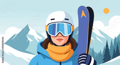 A skier poses with skis against a snowy mountain backdrop