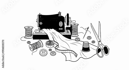 Black and white illustration of sewing machine, fabric, thread, scissors, buttons and thimble