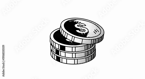 Black and white illustration of stacked coins with dollar signs