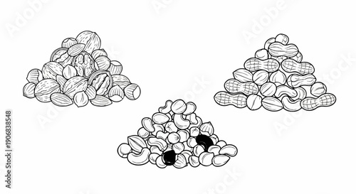 Black and white illustration of three piles of assorted nuts