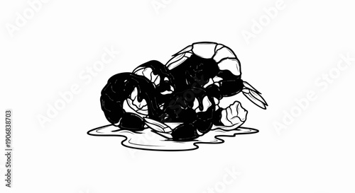 Black and white ink drawing of shrimp coated in dark sauce on a white background