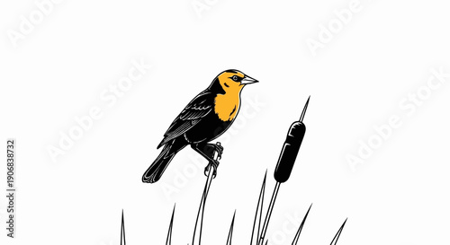 Black and yellow bird perched on tall grass with cattail