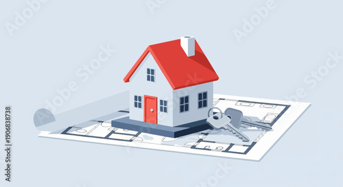 A small house rests on blueprints with keys in the foreground