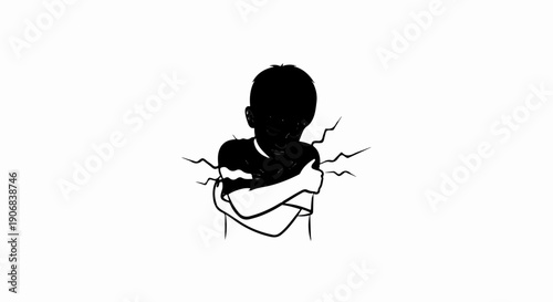 A stark black silhouette of a child embracing itself with jagged lines