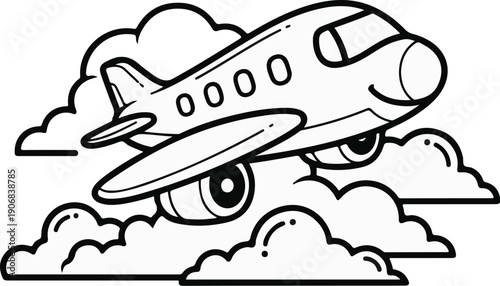 A smiling cartoon airplane flying through puffy white clouds in a line drawing