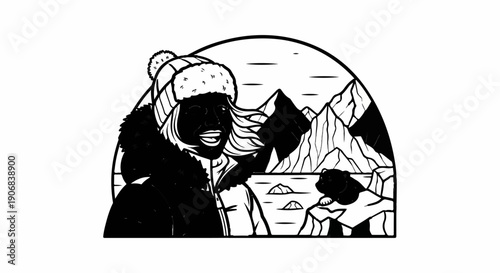 A smiling person in winter gear with a small animal amidst snowy mountains