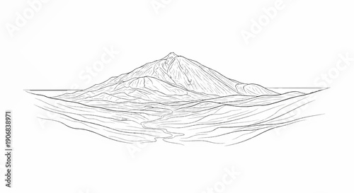 Black and white line art of a majestic mountain range with rolling hills and a winding path